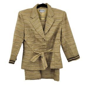 Vintage 80's Kay Unger Skirt Suit 10 Mustard Striped Alpaca Front Tie Tea Mod
